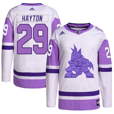 Men's Barrett Hayton Arizona Coyotes Adidas Hockey Fights Cancer Primegreen Jersey - Authentic White/Purple