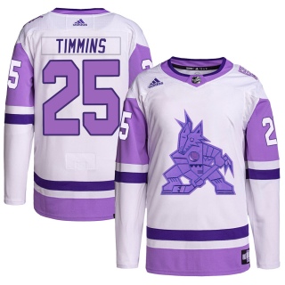 Men's Conor Timmins Arizona Coyotes Adidas Hockey Fights Cancer Primegreen Jersey - Authentic White/Purple