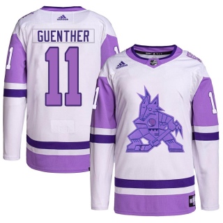 Men's Dylan Guenther Arizona Coyotes Adidas Hockey Fights Cancer Primegreen Jersey - Authentic White/Purple