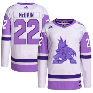 Men's Jack McBain Arizona Coyotes Adidas Hockey Fights Cancer Primegreen Jersey - Authentic White/Purple