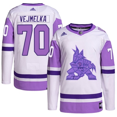 Men's Karel Vejmelka Arizona Coyotes Adidas Hockey Fights Cancer Primegreen Jersey - Authentic White/Purple