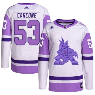 Men's Michael Carcone Arizona Coyotes Adidas Hockey Fights Cancer Primegreen Jersey - Authentic White/Purple