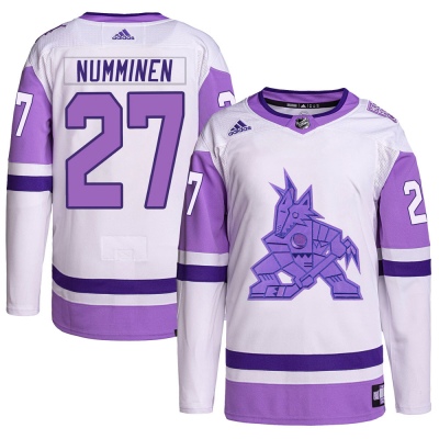 Men's Teppo Numminen Arizona Coyotes Adidas Hockey Fights Cancer Primegreen Jersey - Authentic White/Purple