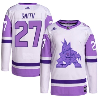 Youth Nathan Smith Arizona Coyotes Adidas Hockey Fights Cancer Primegreen Jersey - Authentic White/Purple